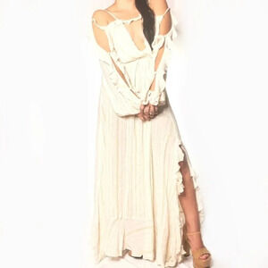 NWT FREE PEOPLE Huxley Maxi Dress Ruffle Cutout Open Back Metallic Boho Size S